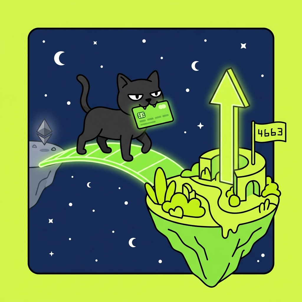 The CATPAY cat strutting across a glowing bridge toward Robinhood Chain