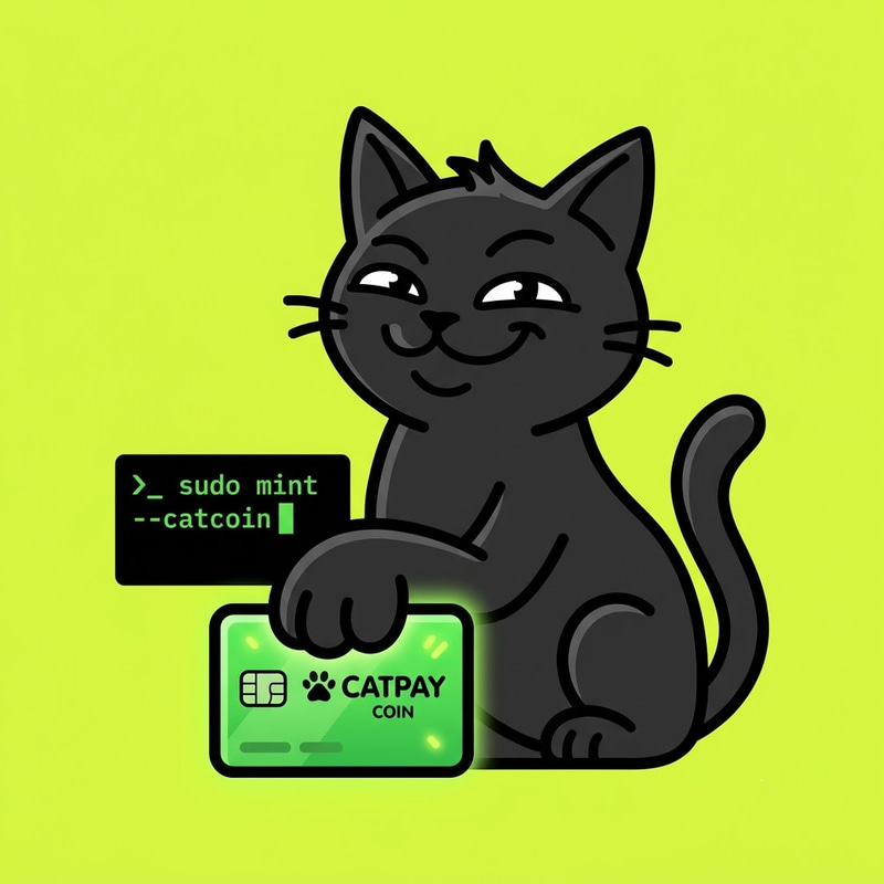 CATPAY — smug black cat holding a glowing CATPAY card