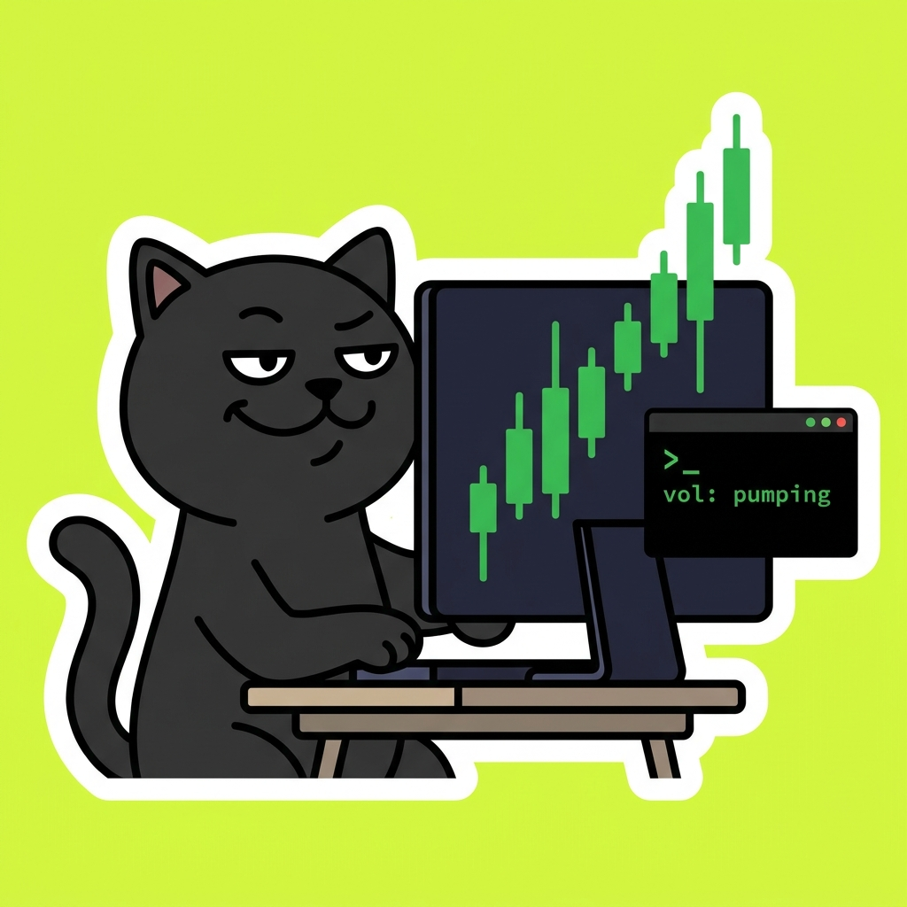 The CATPAY cat watching a green candlestick chart on a terminal